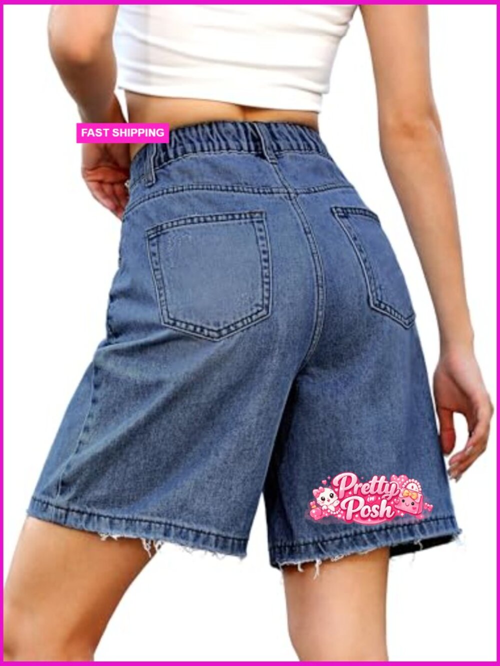 Baggy Bermuda Jean Shorts - Loose Fit Wide Leg Knee Length with Elastic Waist - Picture 2 of 7